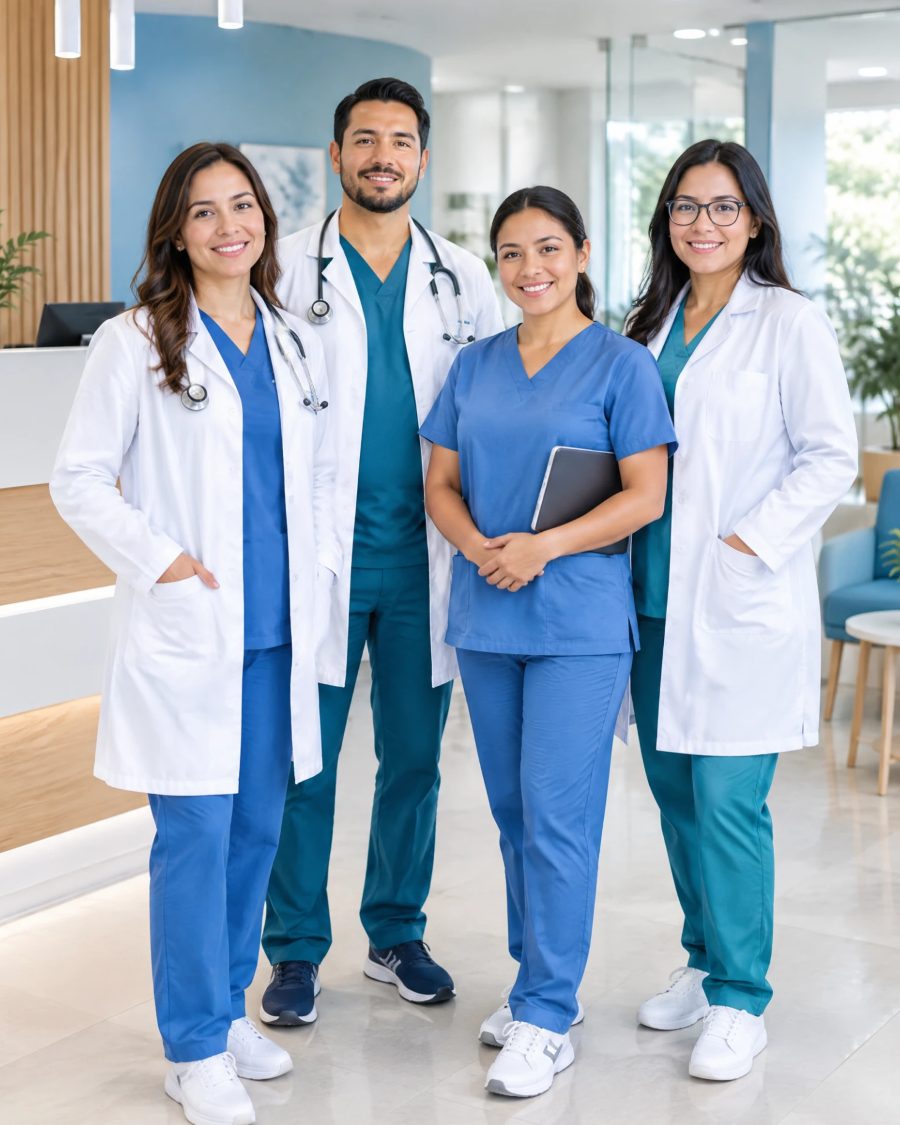 Profesionales de la salud sonriendo en una recepci&oacute;n moderna