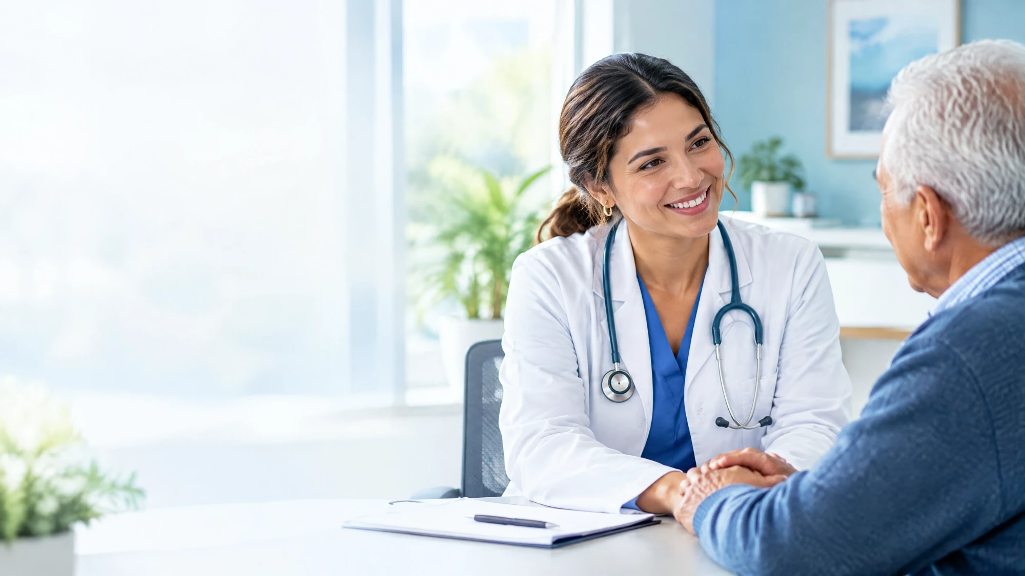 M&eacute;dica sonriendo y tomando la mano de un paciente mayor en un consultorio luminoso