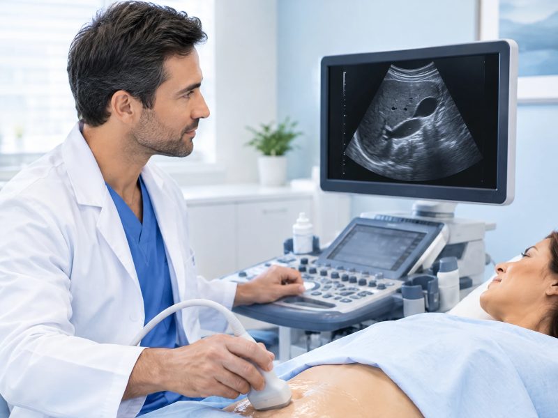 M&eacute;dico realizando una ecograf&iacute;a abdominal a una paciente con un ec&oacute;grafo moderno