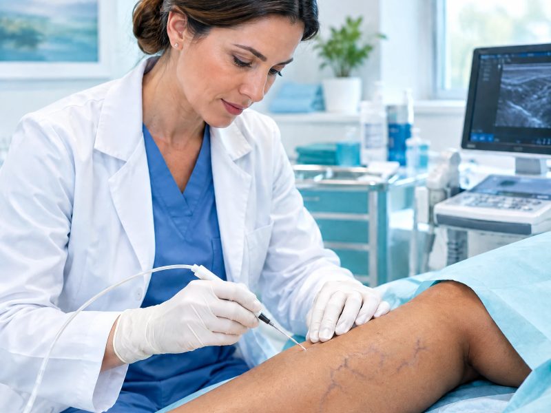 M&eacute;dica aplicando un tratamiento de fleboterapia en la pierna de una paciente con v&aacute;rices